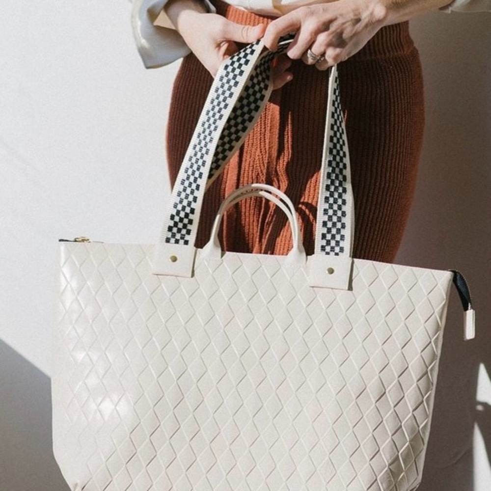 Clare V. Le Zip Sac Leather Tote Cream Diamond with Checkered Strap Clare Vivier